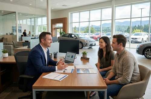 DriveWise lending specialist reviewing a car loan application with a client in a bright modern office